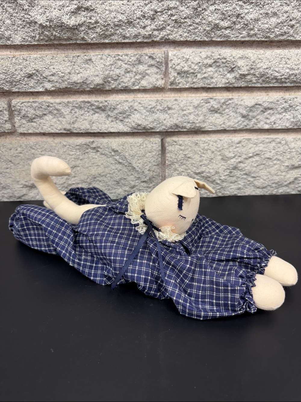 Handmade Folk Art Plush Cat Doll in Blue Plaid Dress